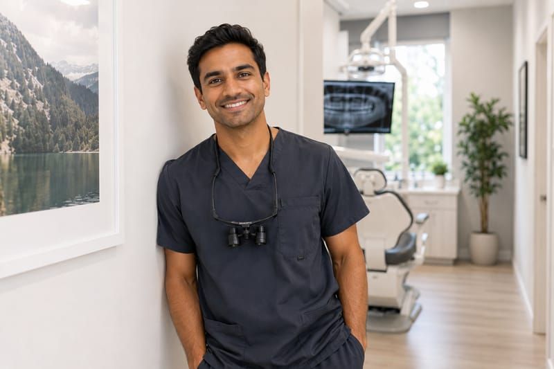 Confident dental associate standing in a bright, modern dental office